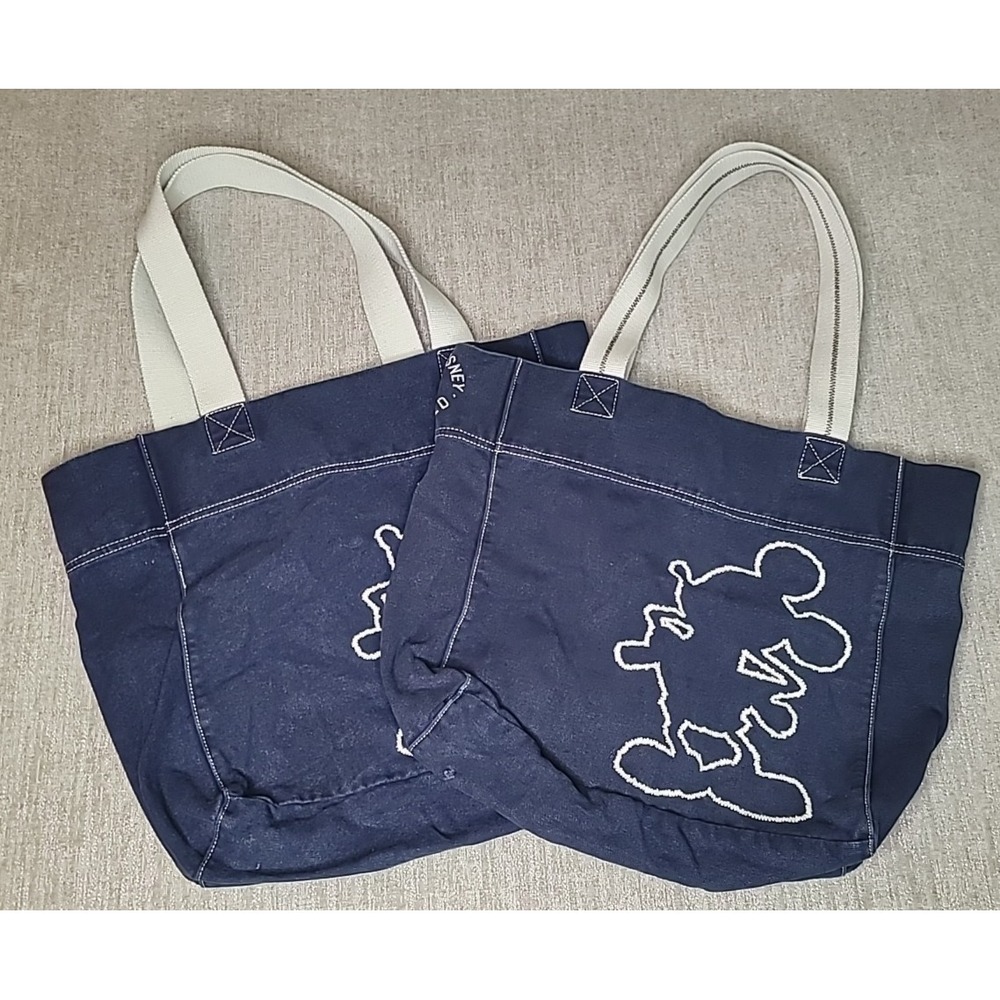 2 Walt Disney World Matching Canvas Tote Bags Mickey‎ Mouse Embroidery Navy Blue